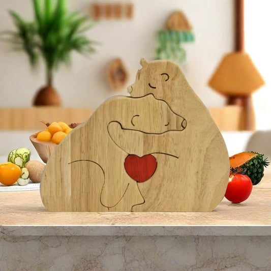 Adorno rompecabezas de madera con forma de familia de osos