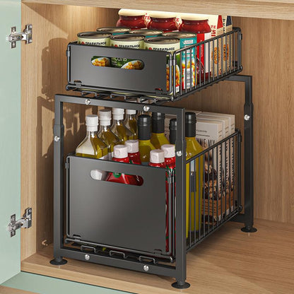 💪🥫Estantería Doble Deslizante Organizador de Armario – 5 Alturas Regulables, 2 Bandejas, Acero al Carbono, Gran Capacidad, Sin Instalación ✨