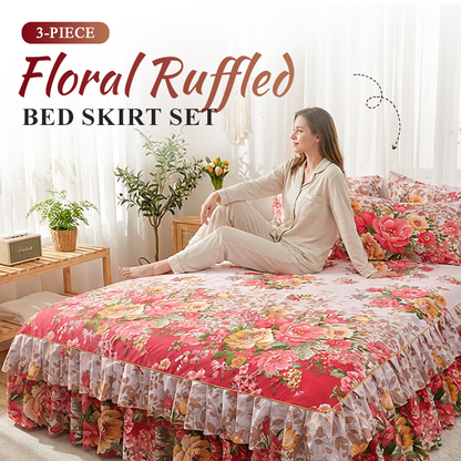 Concierto de falda de cama con volantes florales de 3 piezas